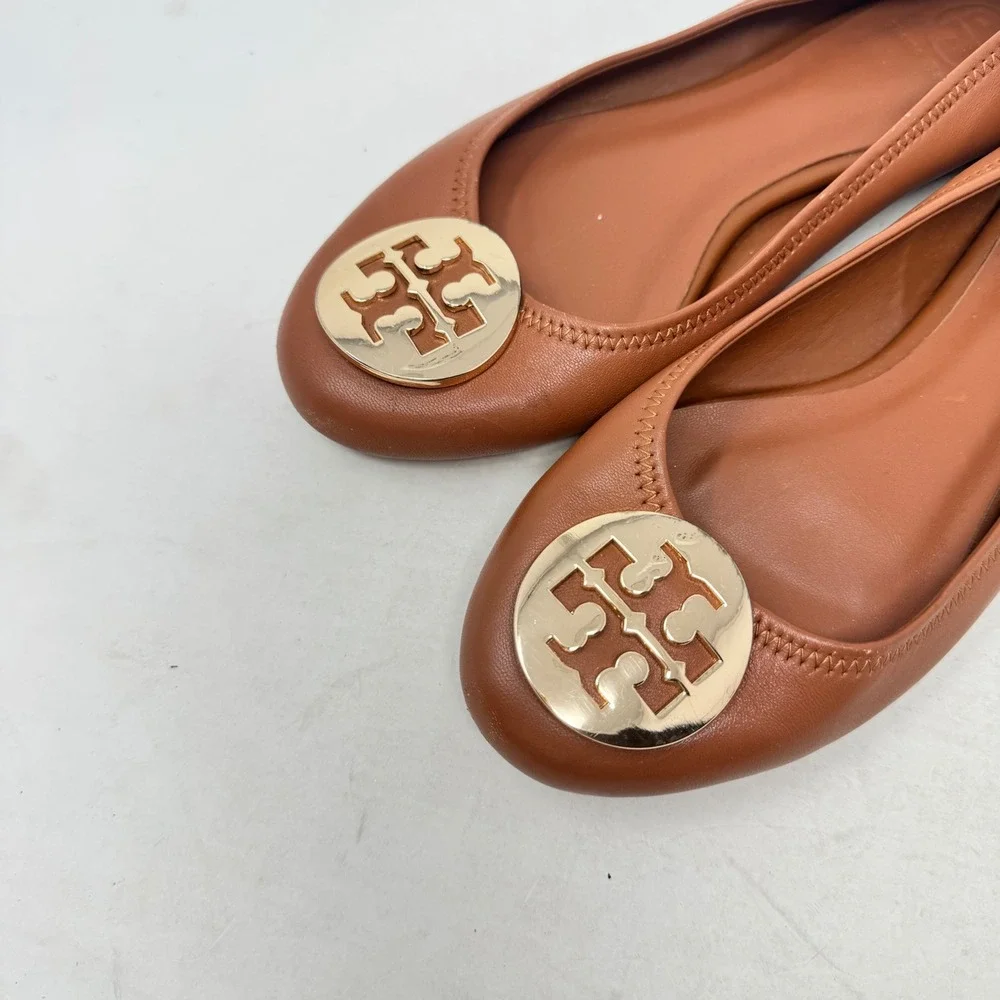 Tory Burch Minnie Travel Ballet Flats Brown 39 Gold Logo Leather Classic Shoes